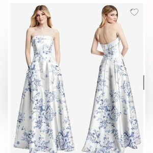 Strapless Bias Cuff Bodice Floral Satin Gown Cottage Rose Larkspur